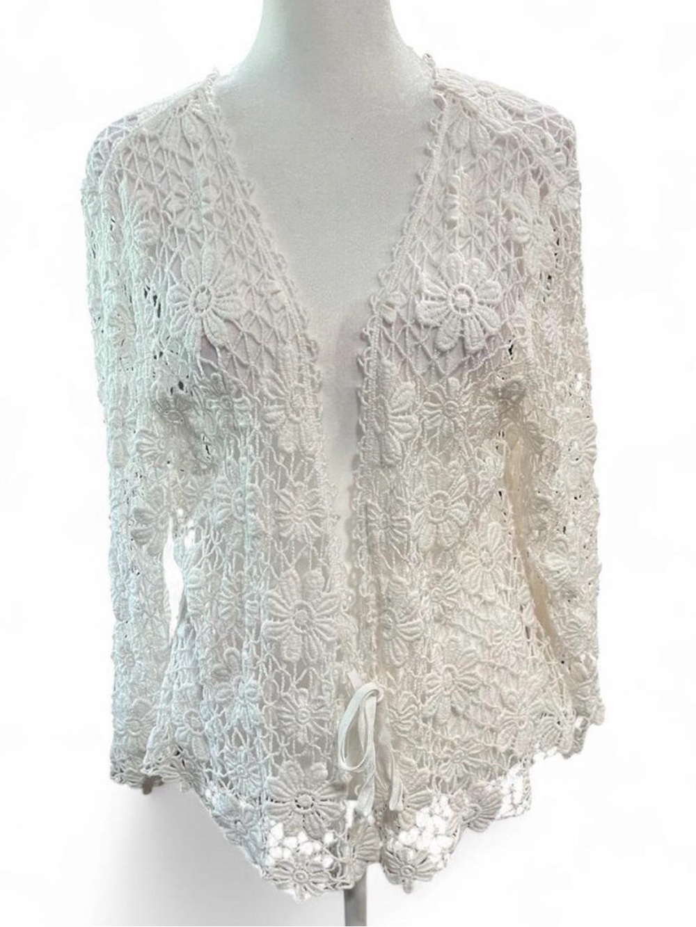 Authentic Vintage White Floral Crochet Tie-Front Cardigan